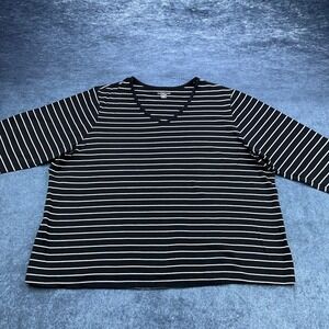 Croft & Barrow Womens 2X Pima Cotton V-Neck 3/4 Sleeve Striped Top Black White